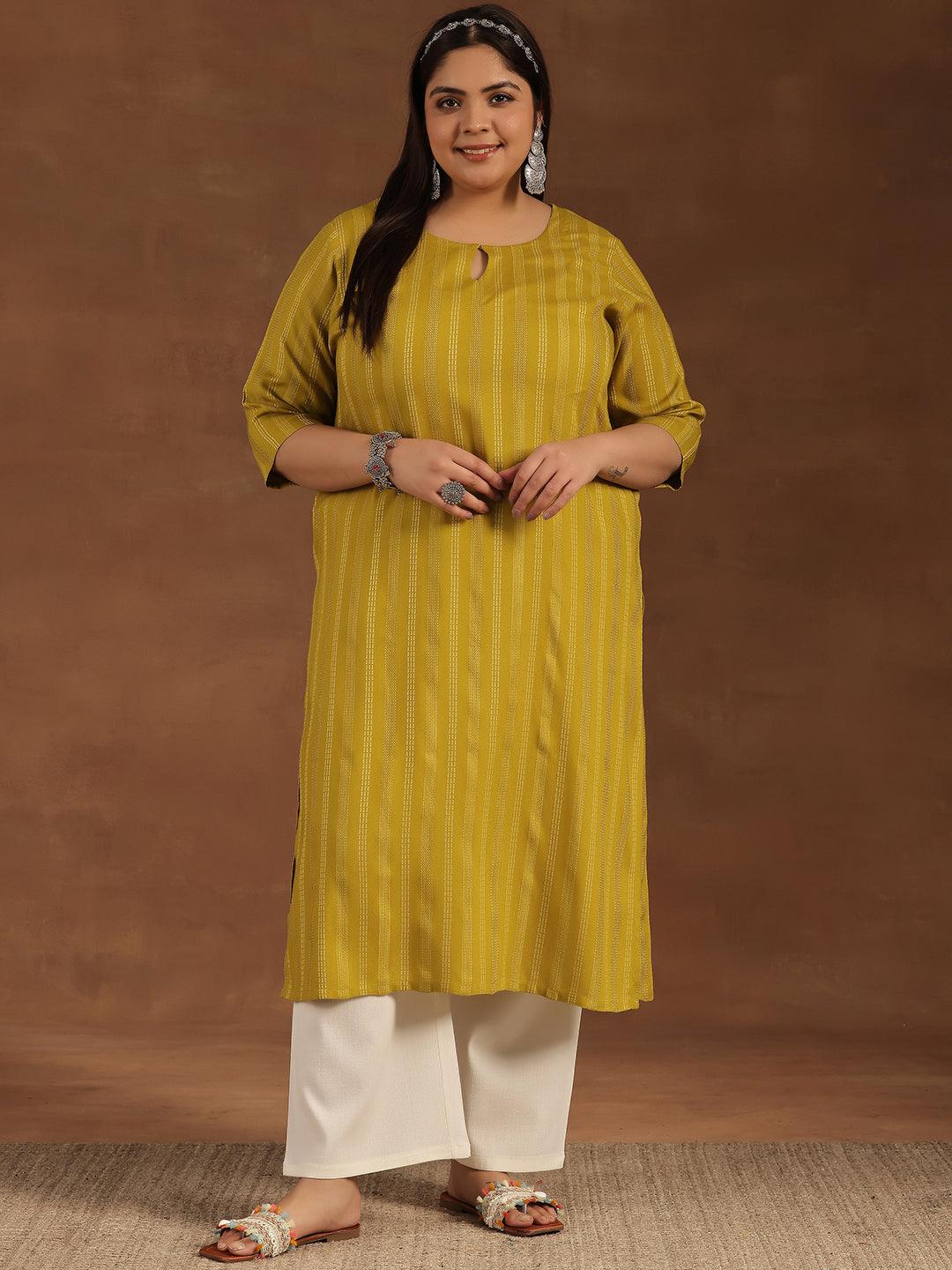 Plus Size Mustard Striped Rayon Straight Kurta - Libas 