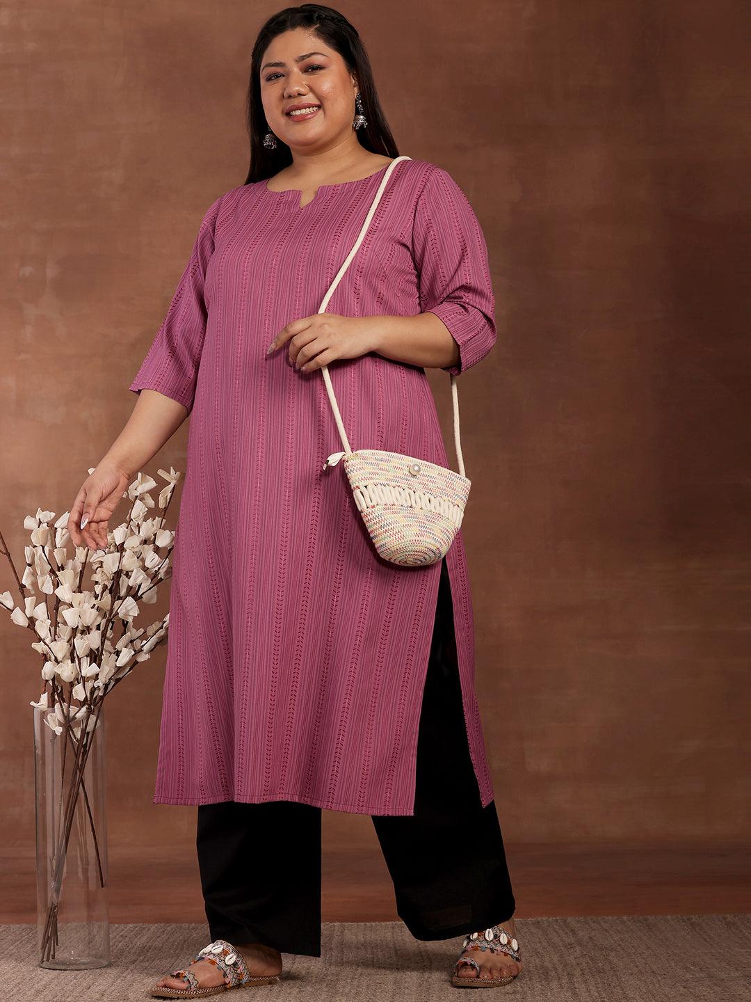 Plus Size Mauve Striped Rayon Kurta - Libas