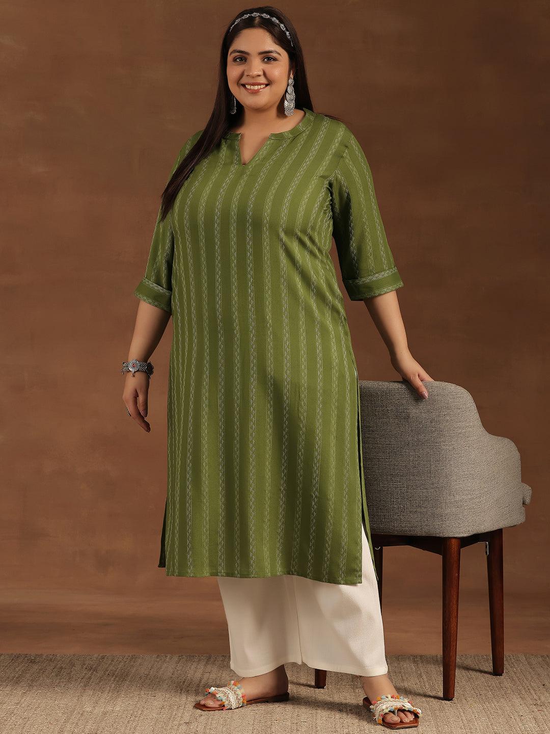 Plus Size Green Striped Rayon Straight Kurta - Libas