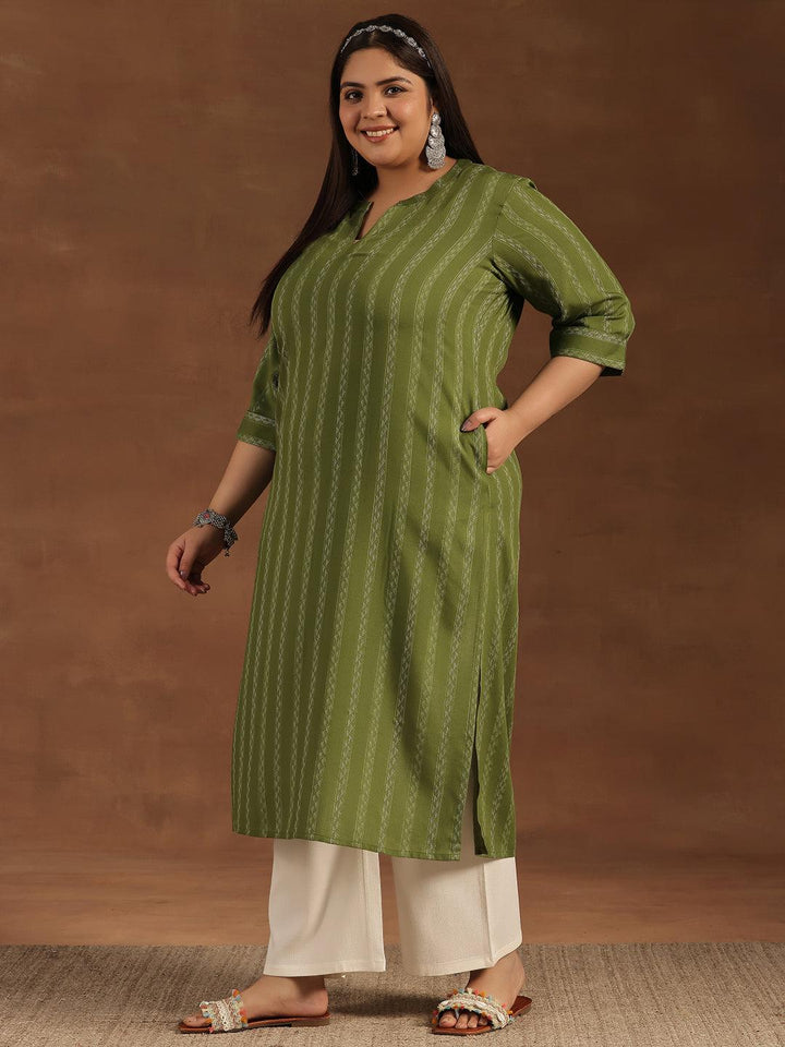 Plus Size Green Striped Rayon Straight Kurta - Libas