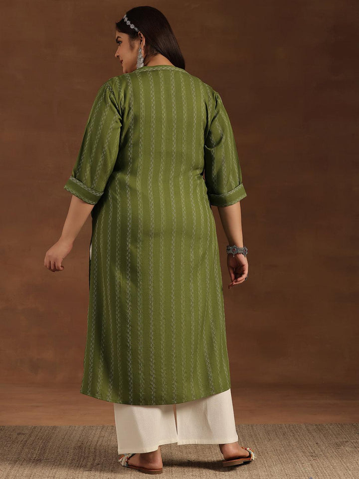 Plus Size Green Striped Rayon Straight Kurta - Libas