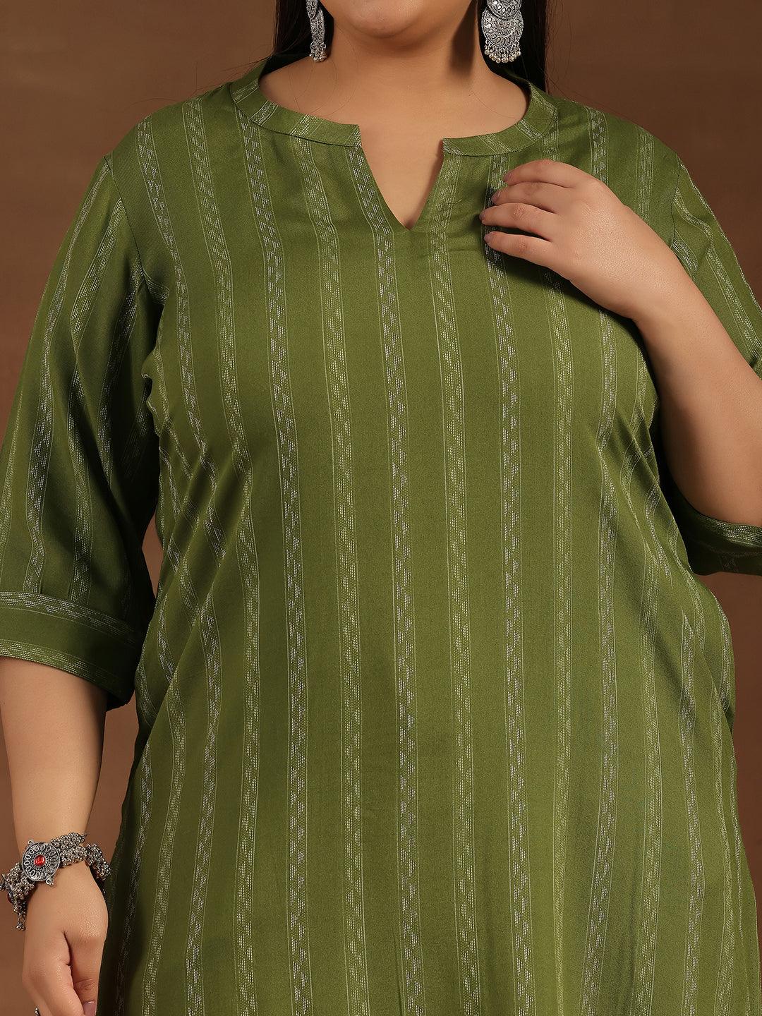 Plus Size Green Striped Rayon Straight Kurta - Libas