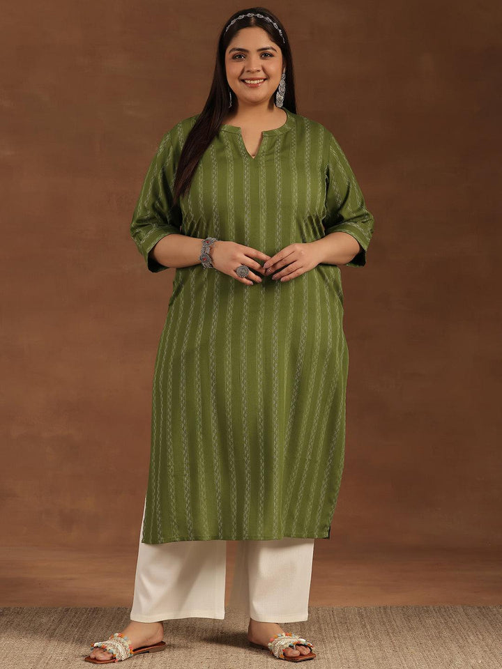 Plus Size Green Striped Rayon Straight Kurta - Libas