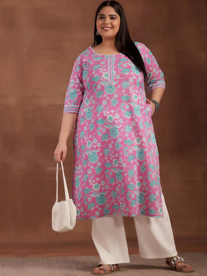 Plus Size Pink Printed Cotton Kurta - Libas