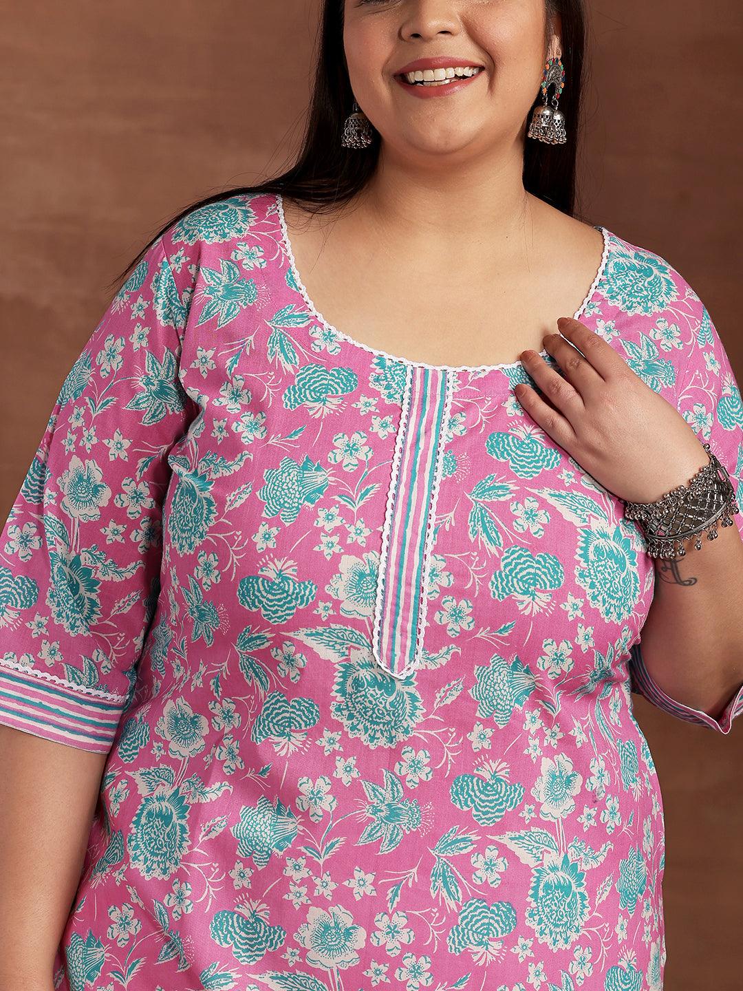 Plus Size Pink Printed Cotton Kurta - Libas