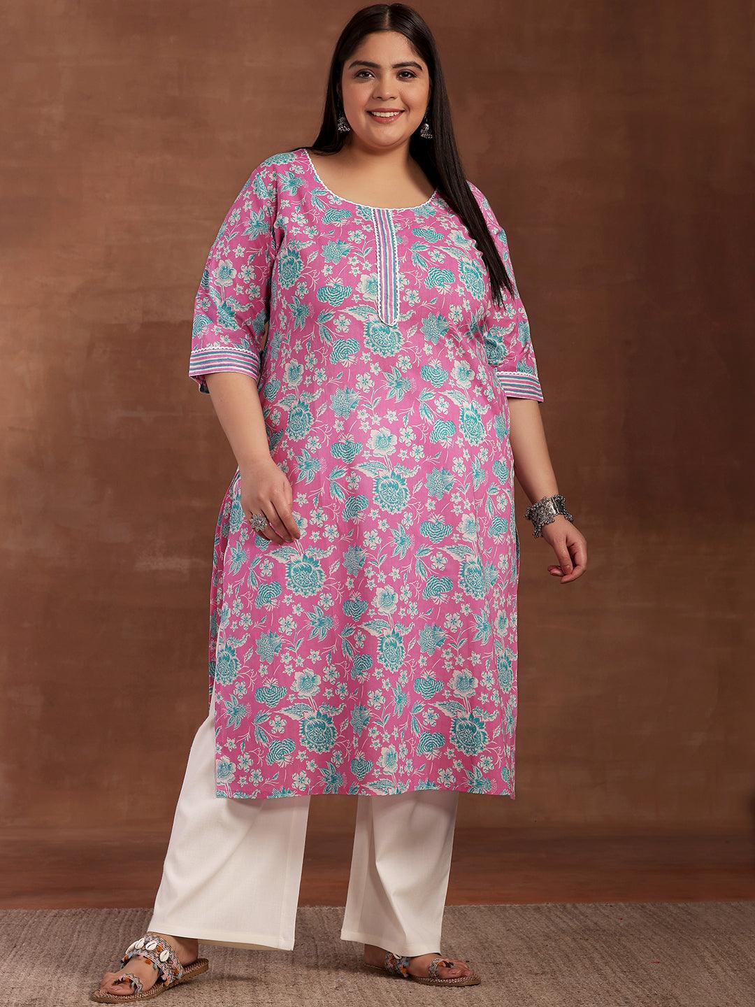 Plus Size Pink Printed Cotton Kurta - Libas