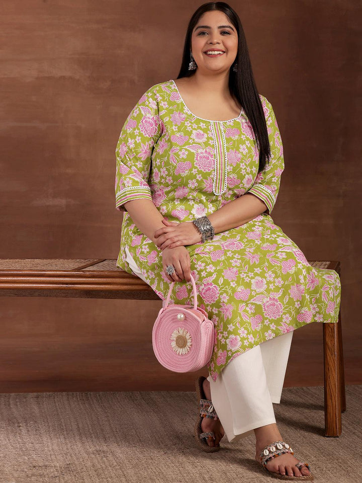 Plus Size Green Printed Cotton Kurta - Libas