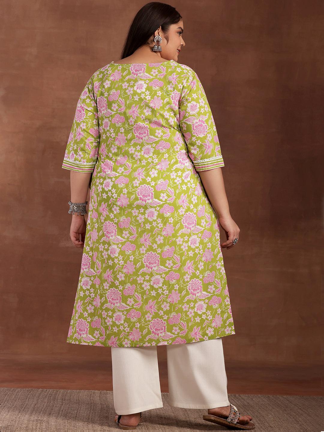 Plus Size Green Printed Cotton Kurta - Libas