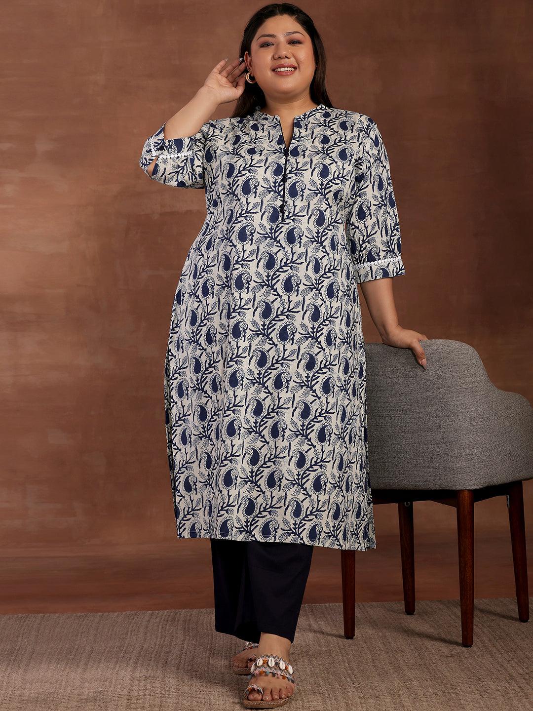 Plus Size Blue Printed Cotton Kurta - Libas