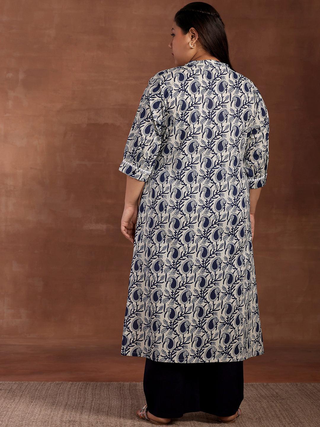 Plus Size Blue Printed Cotton Kurta - Libas