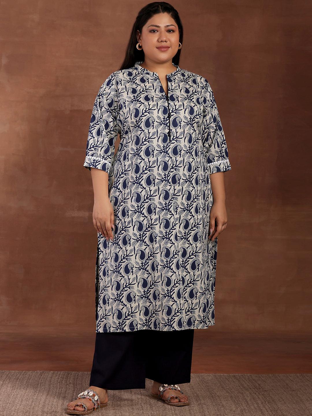 Plus Size Blue Printed Cotton Kurta - Libas