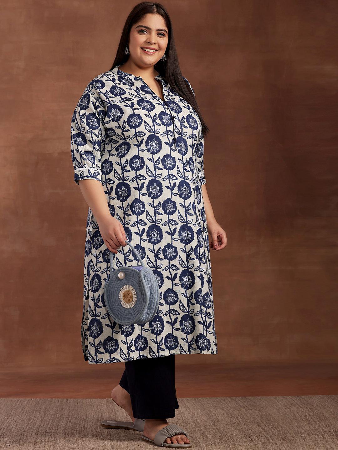 Plus Size Blue Printed Cotton Kurta - Libas