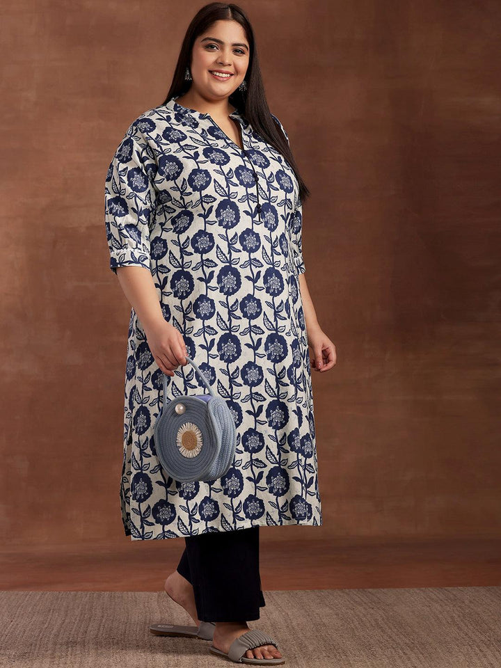 Plus Size Blue Printed Cotton Kurta - Libas