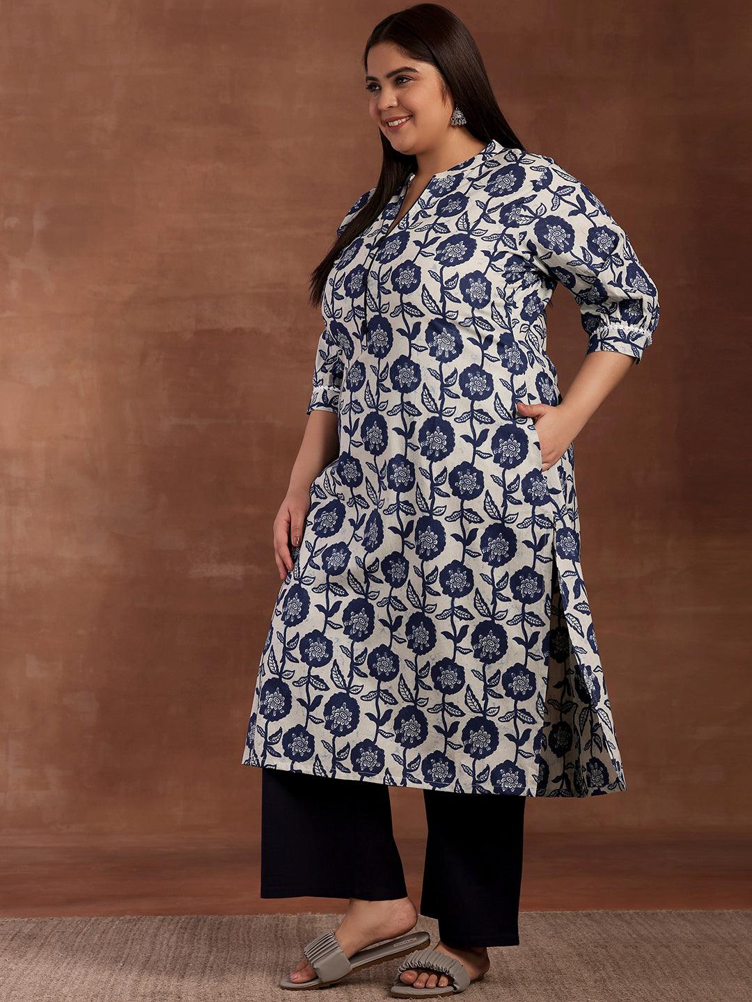 Plus Size Blue Printed Cotton Kurta - Libas