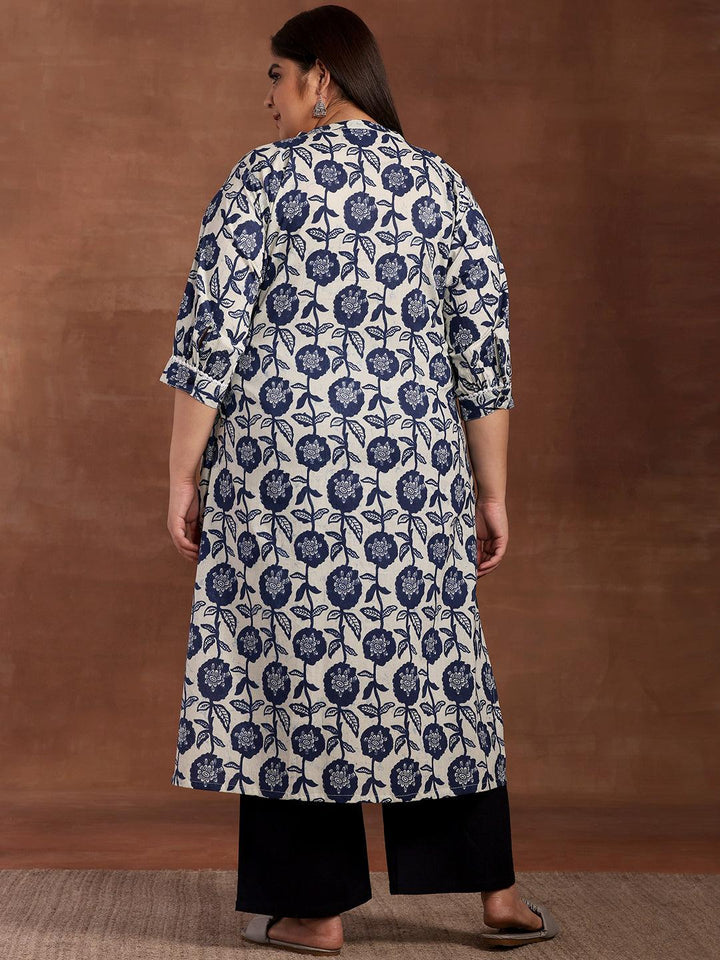 Plus Size Blue Printed Cotton Kurta - Libas