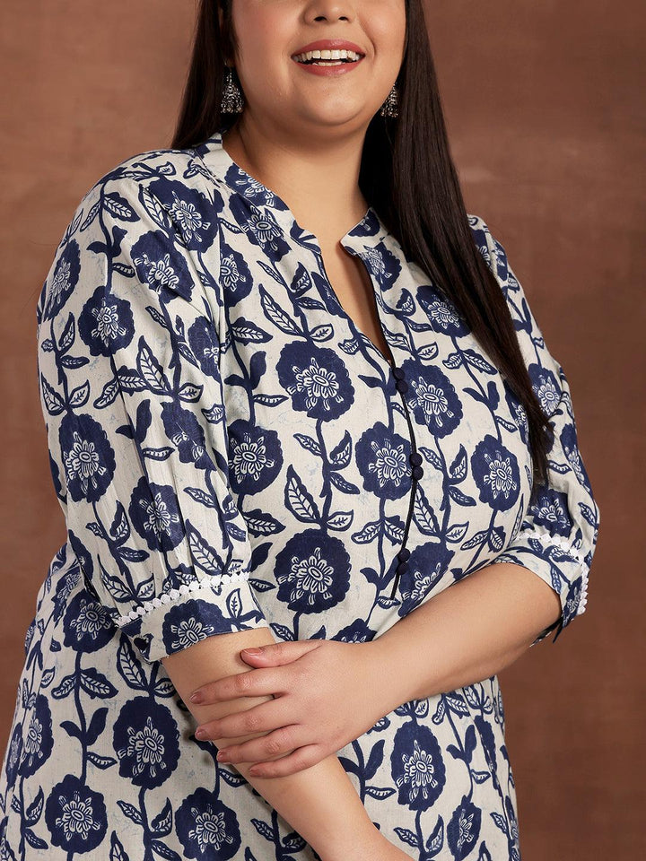 Plus Size Blue Printed Cotton Kurta - Libas