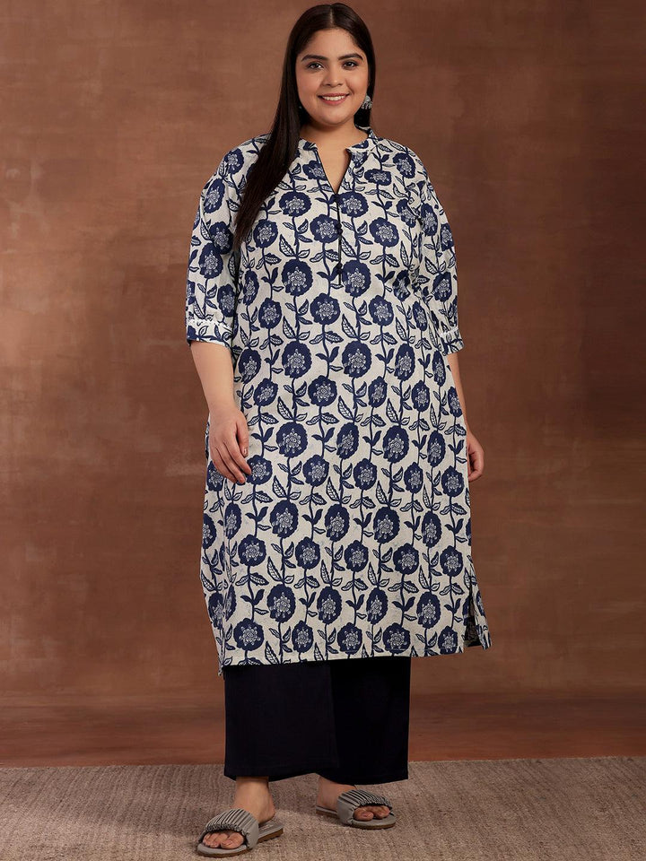 Plus Size Blue Printed Cotton Kurta - Libas