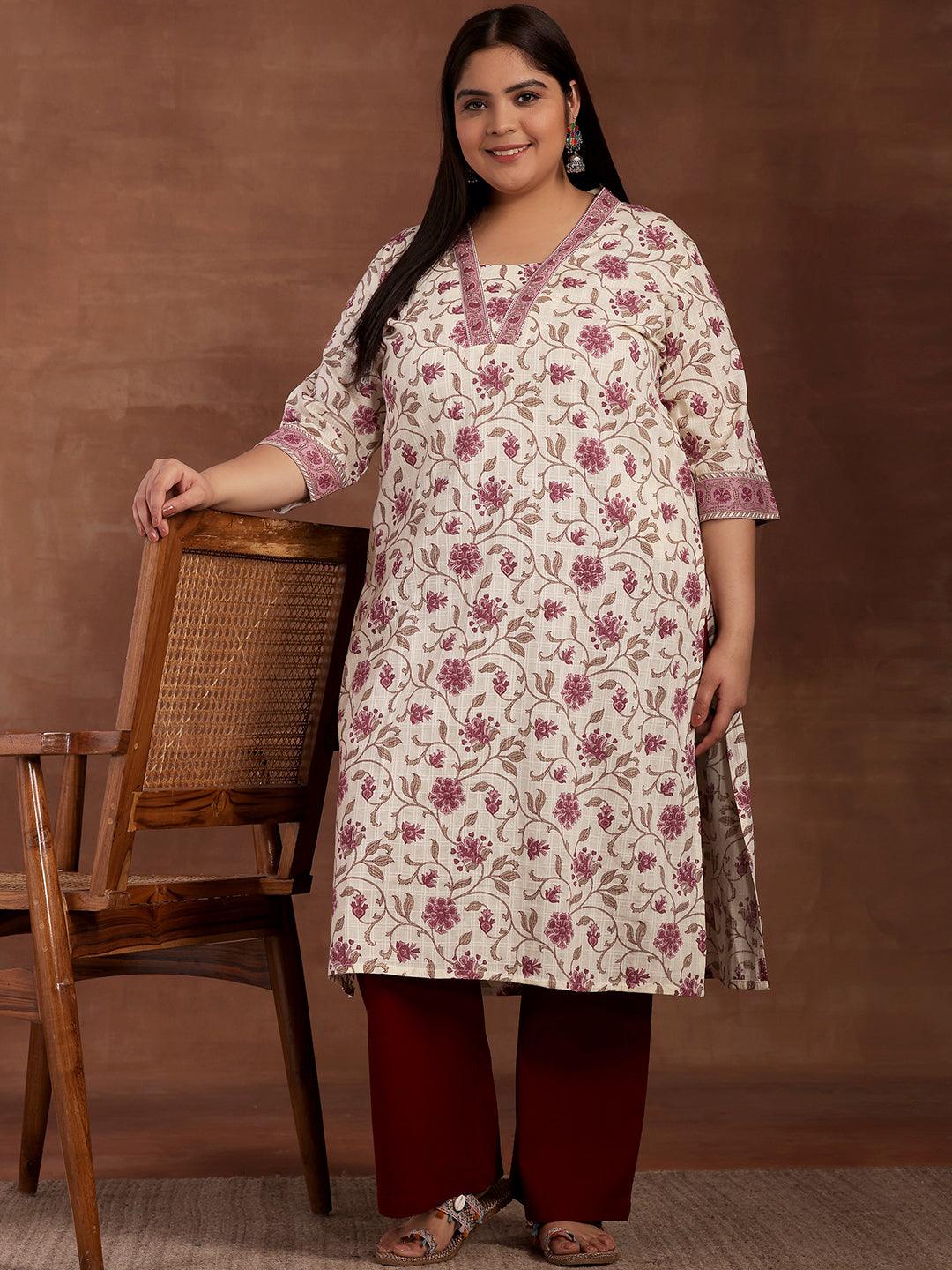 Plus Size Off White Printed Cotton Kurta - Libas