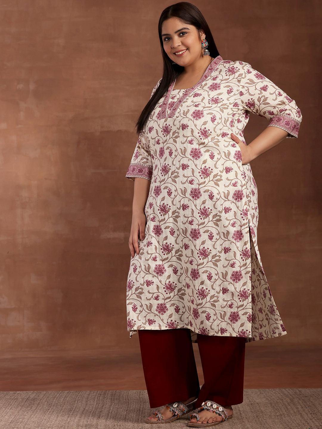 Plus Size Off White Printed Cotton Kurta - Libas