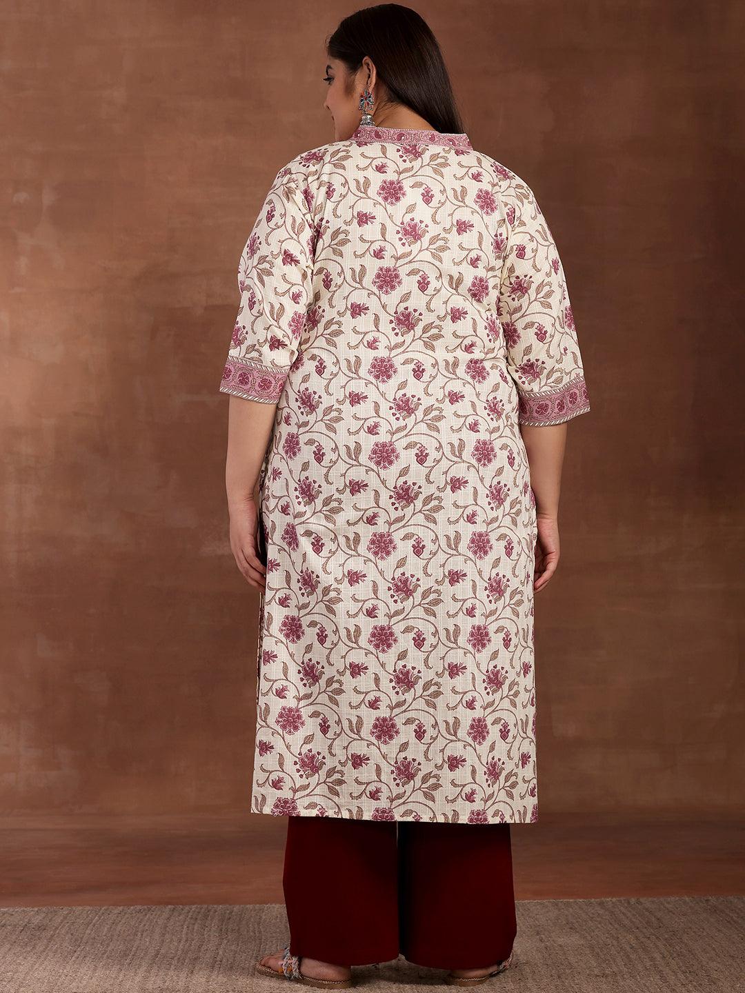 Plus Size Off White Printed Cotton Kurta - Libas