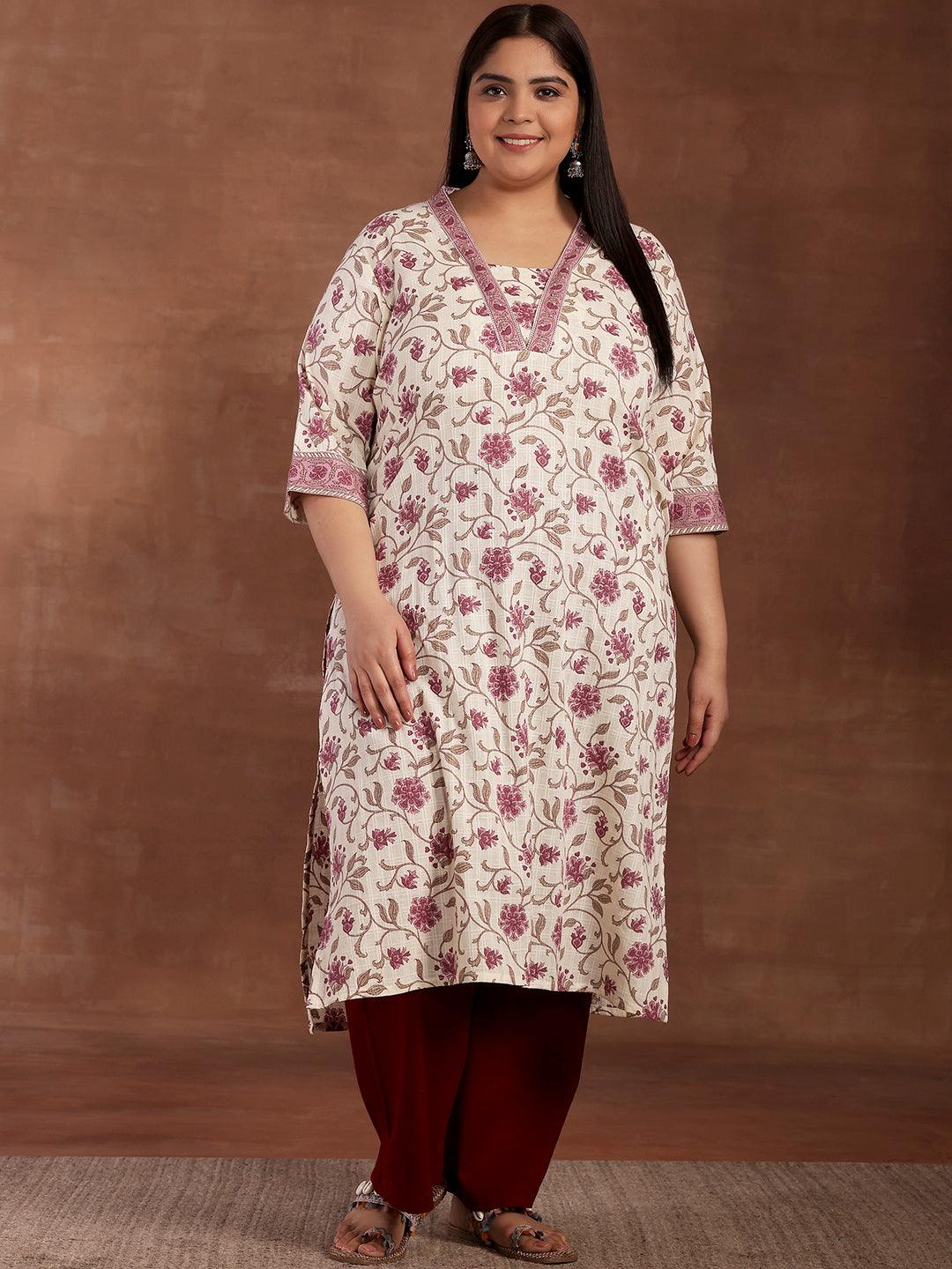 Plus Size Off White Printed Cotton Kurta - Libas