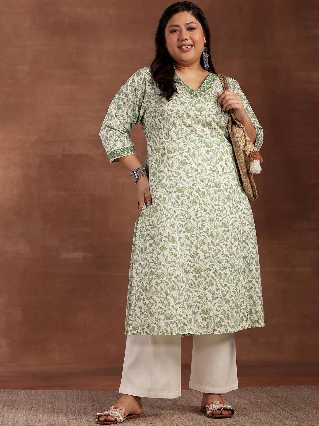 Plus Size Green Printed Cotton Kurta - Libas