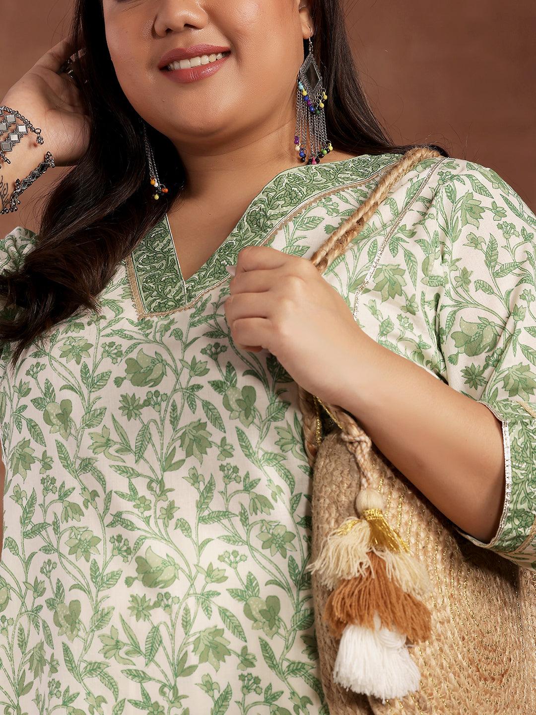 Plus Size Green Printed Cotton Kurta - Libas