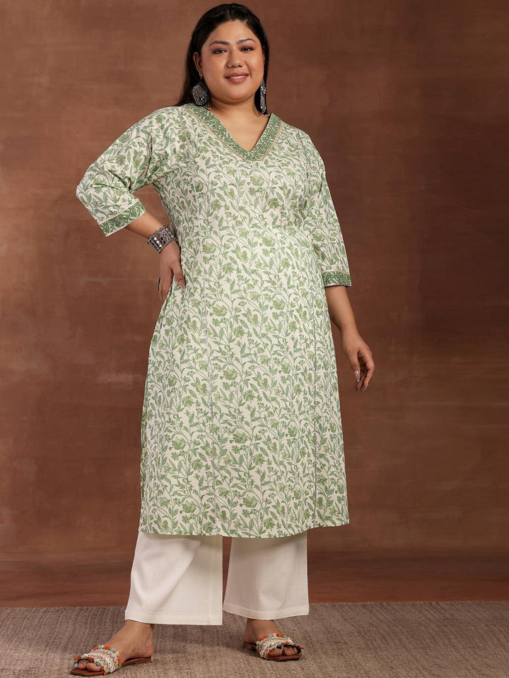 Plus Size Green Printed Cotton Kurta - Libas