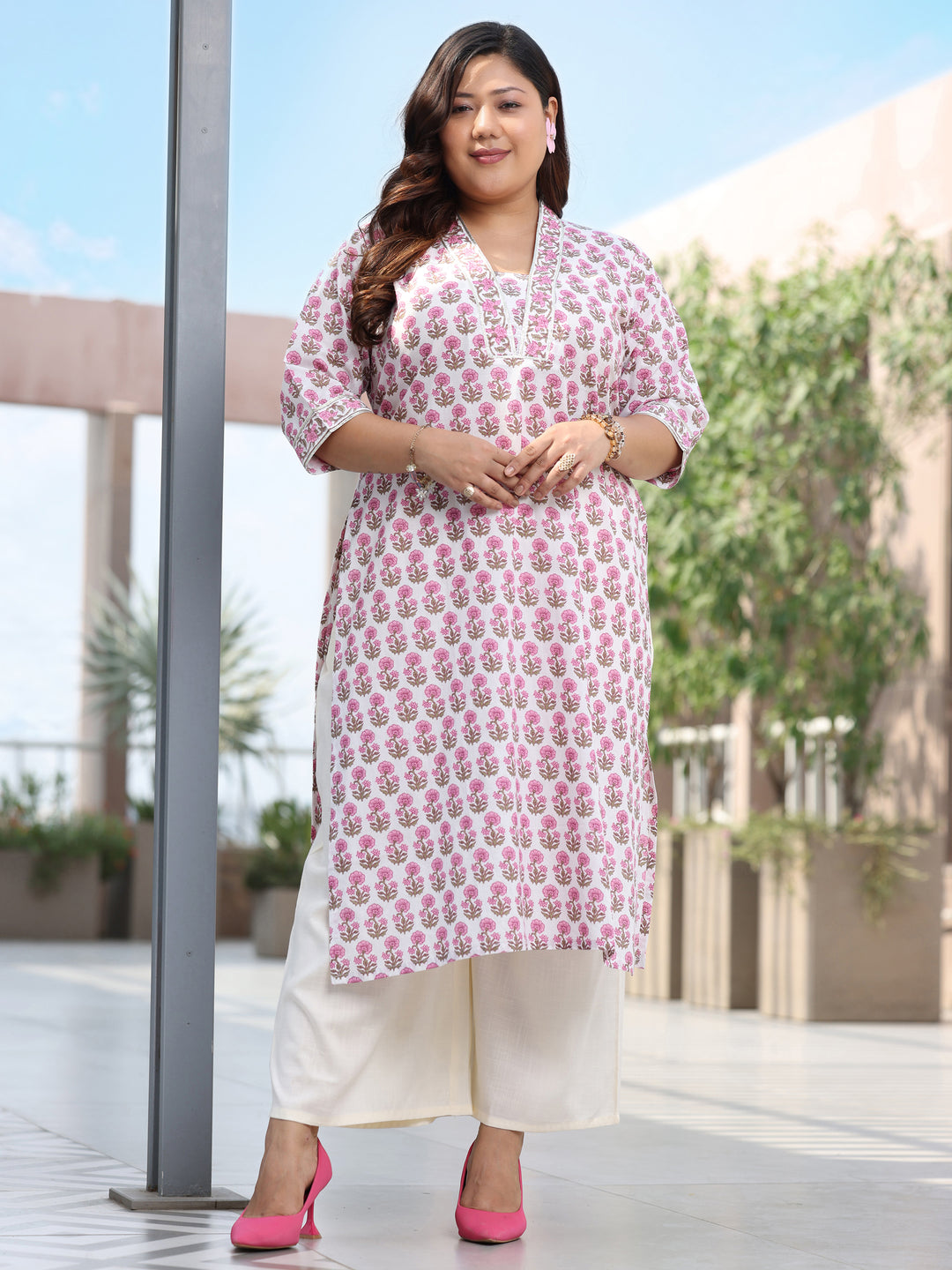 Plus Size Off White Printed Cotton Straight Kurta