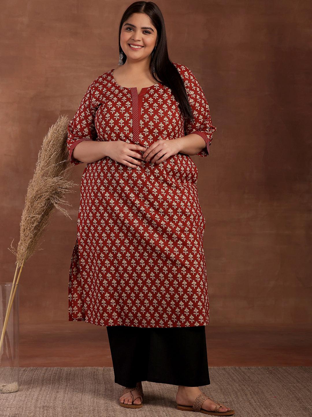 Plus Size Maroon Printed Cotton Kurta - Libas