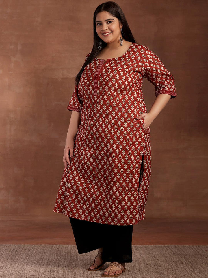 Plus Size Maroon Printed Cotton Kurta - Libas