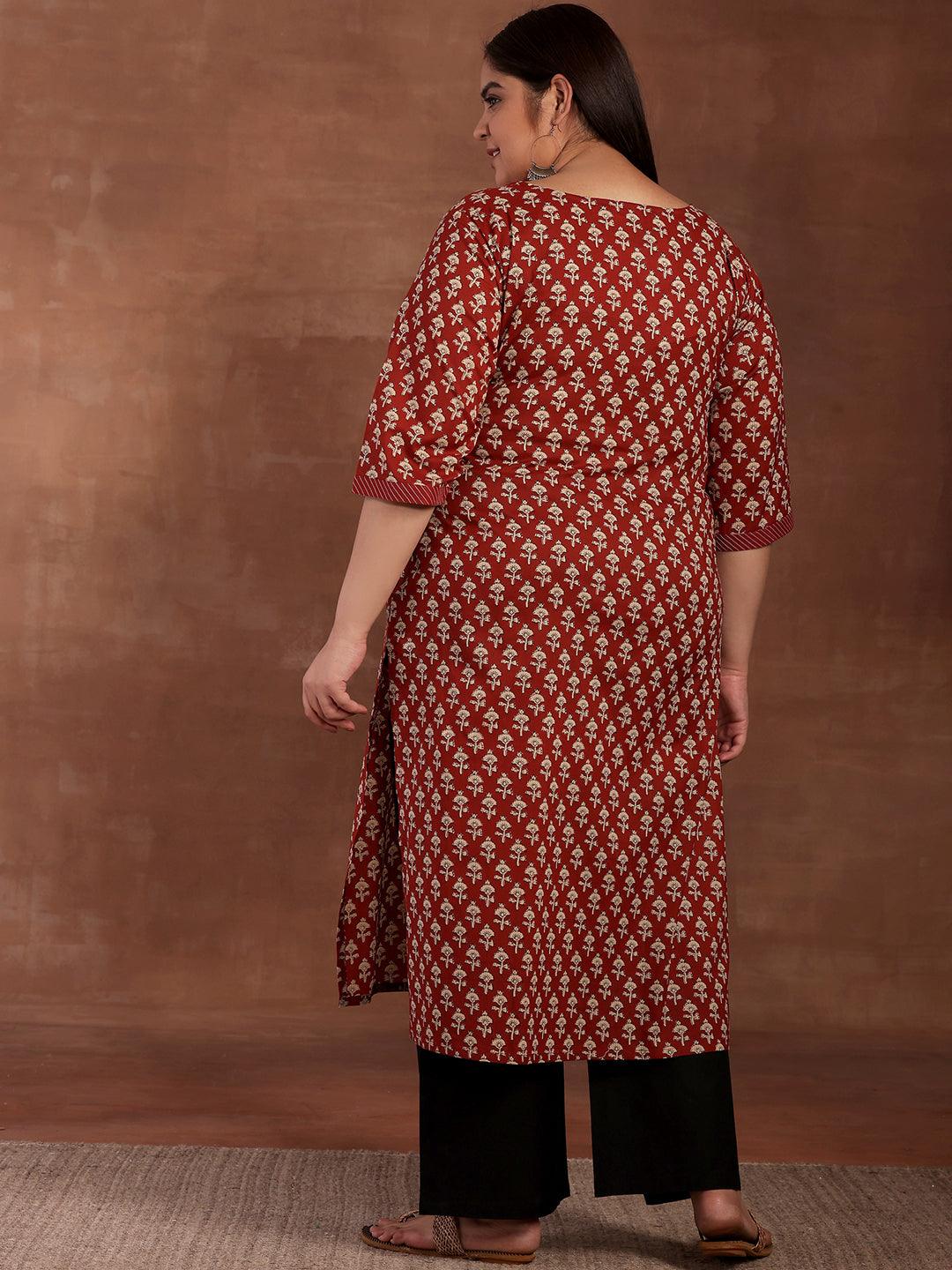 Plus Size Maroon Printed Cotton Kurta - Libas