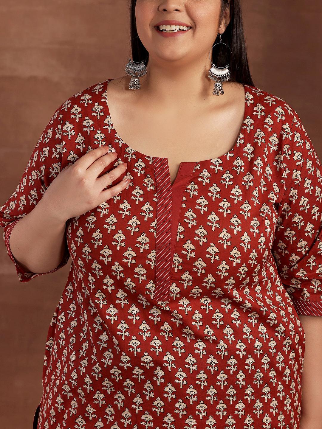 Plus Size Maroon Printed Cotton Kurta - Libas