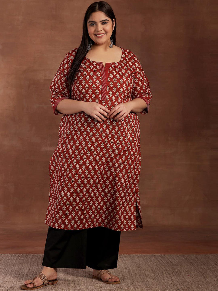 Plus Size Maroon Printed Cotton Kurta - Libas