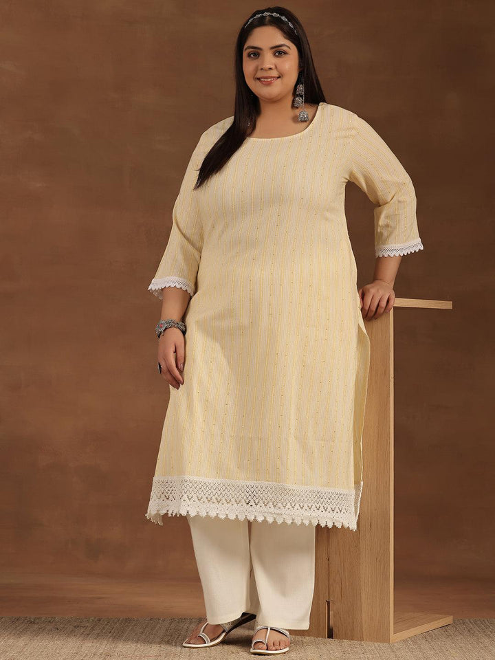 Plus Size Yellow Printed Cotton Straight Kurta - Libas