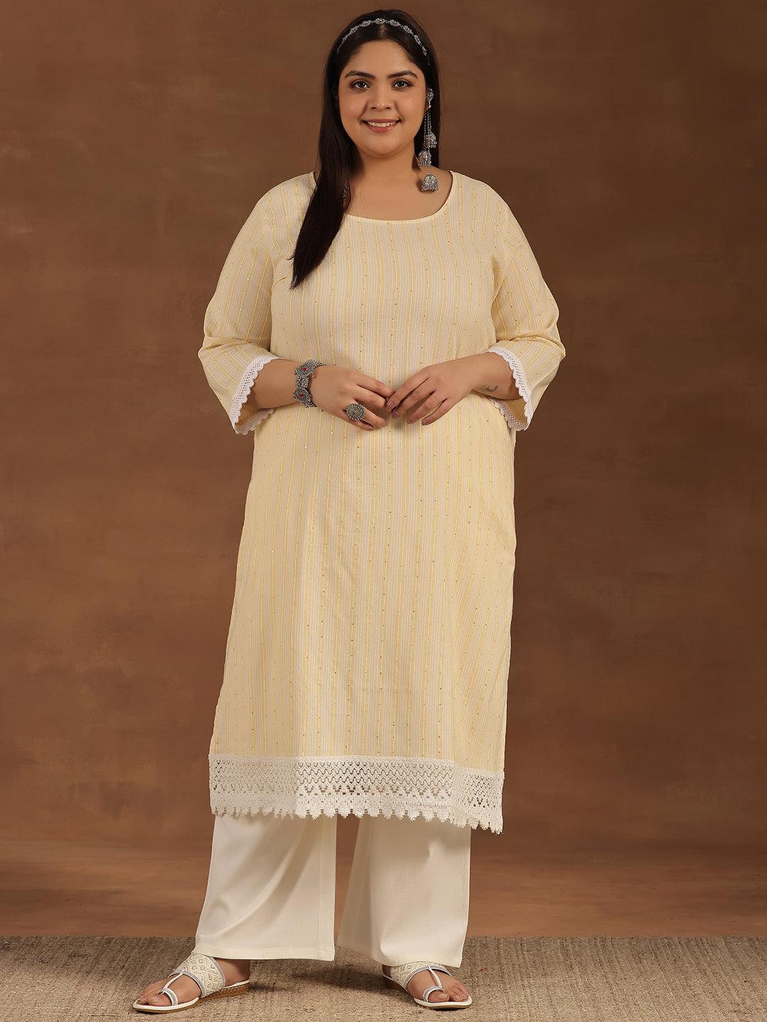 Plus Size Yellow Printed Cotton Straight Kurta - Libas