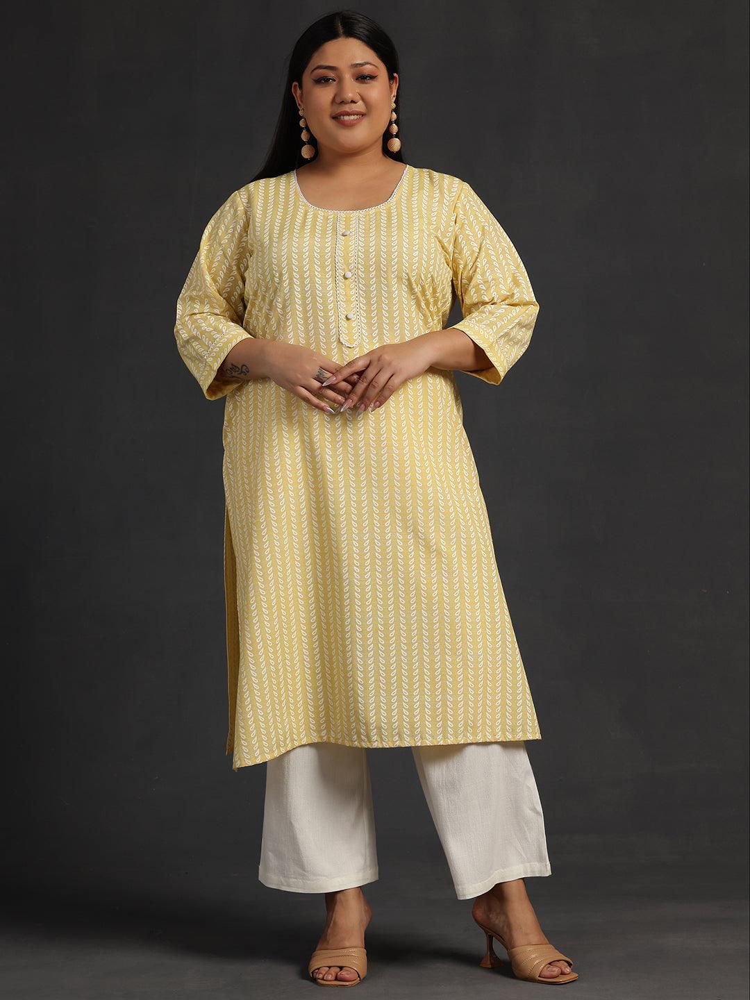 Plus Size Yellow Printed Cotton Straight Kurta - Libas