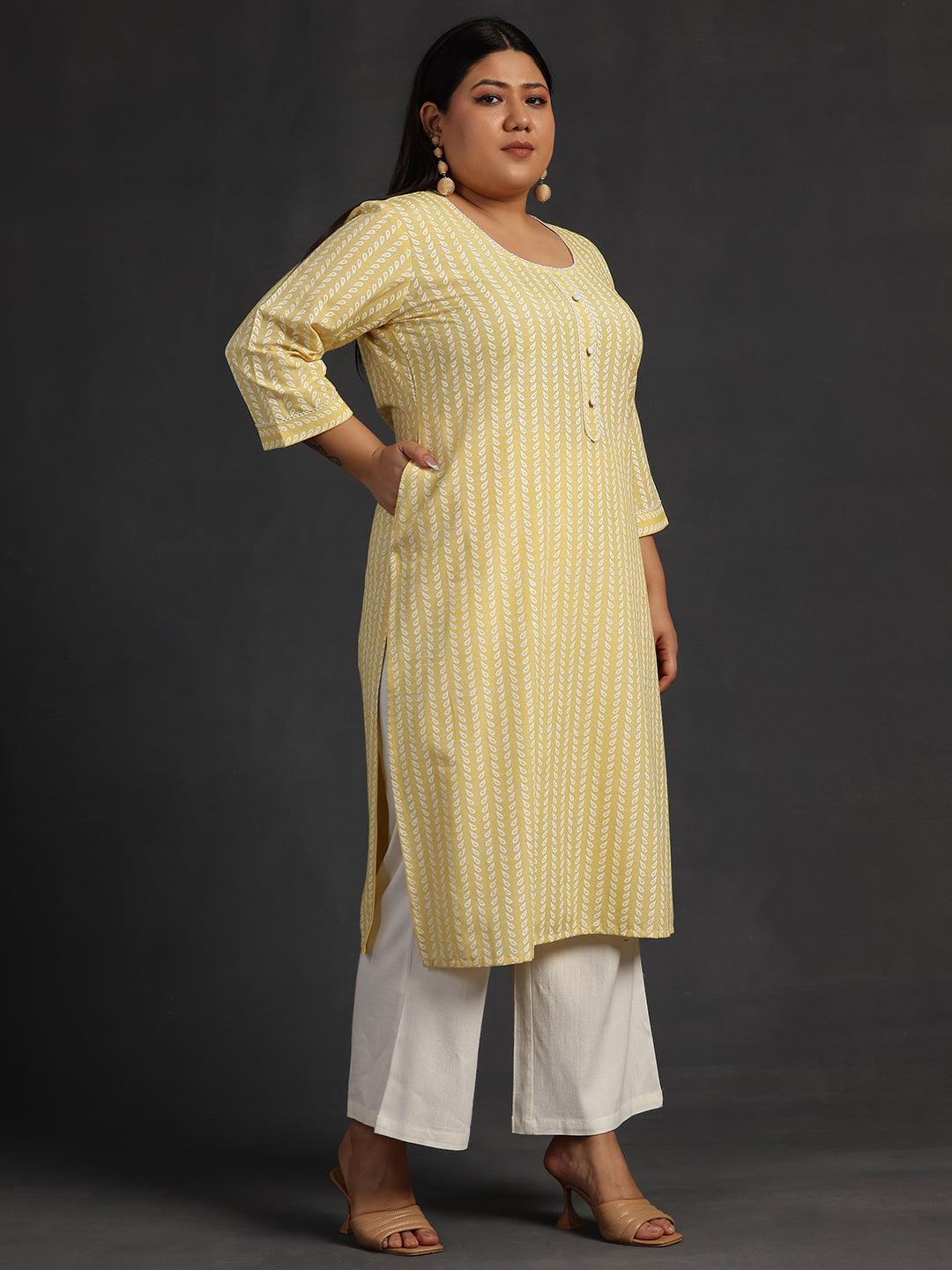 Plus Size Yellow Printed Cotton Straight Kurta - Libas 