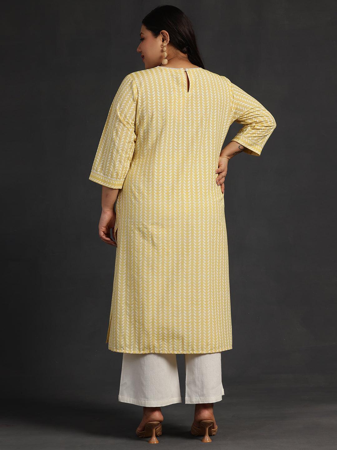 Plus Size Yellow Printed Cotton Straight Kurta - Libas 