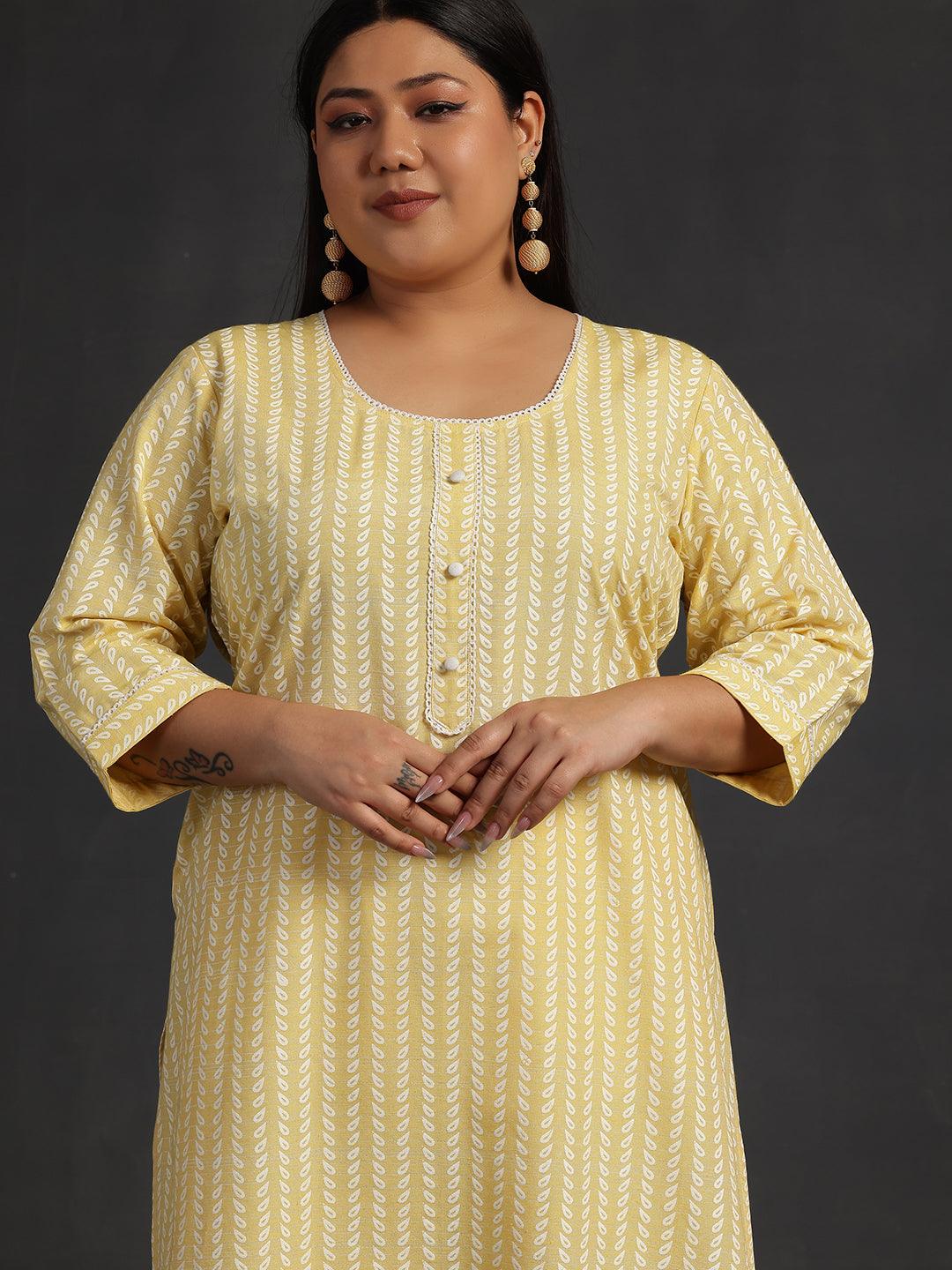 Plus Size Yellow Printed Cotton Straight Kurta - Libas 