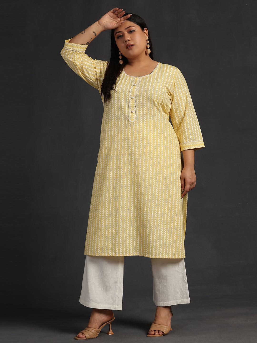 Plus Size Yellow Printed Cotton Straight Kurta - Libas 