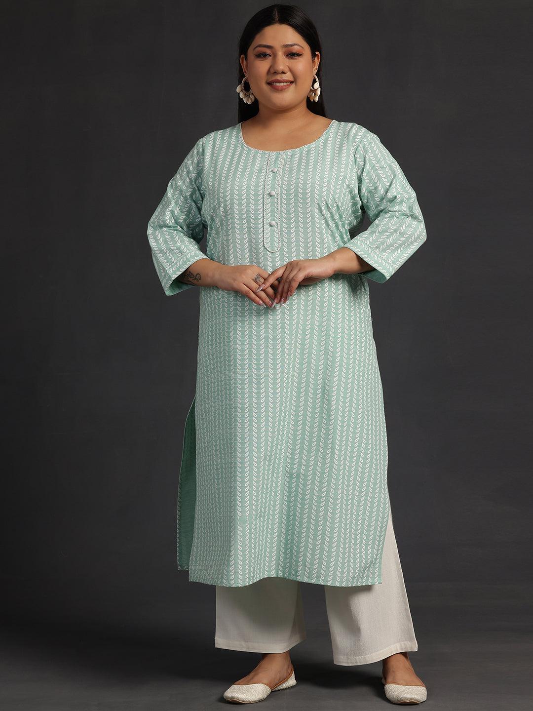 Plus Size Green Printed Cotton Straight Kurta - Libas 