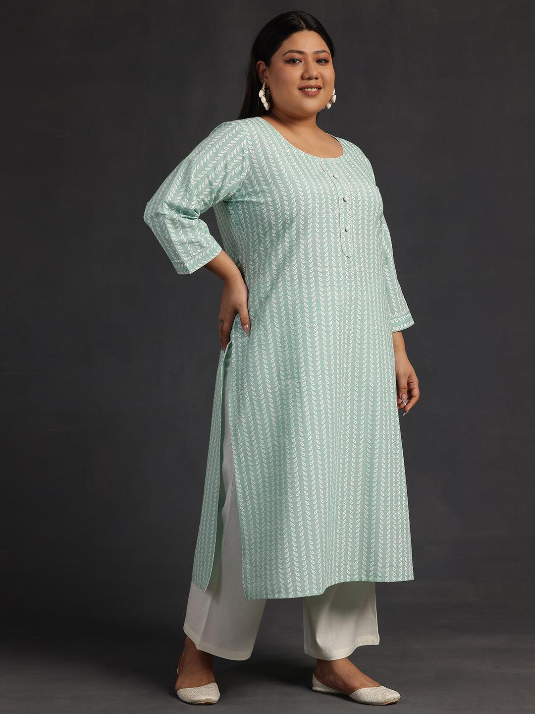 Plus Size Green Printed Cotton Straight Kurta - Libas 