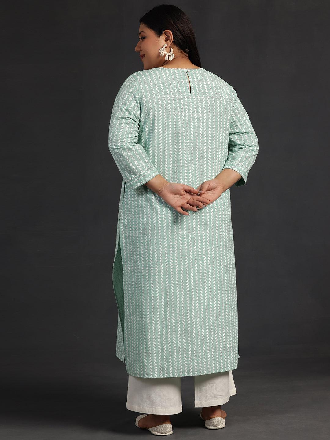 Plus Size Green Printed Cotton Straight Kurta - Libas