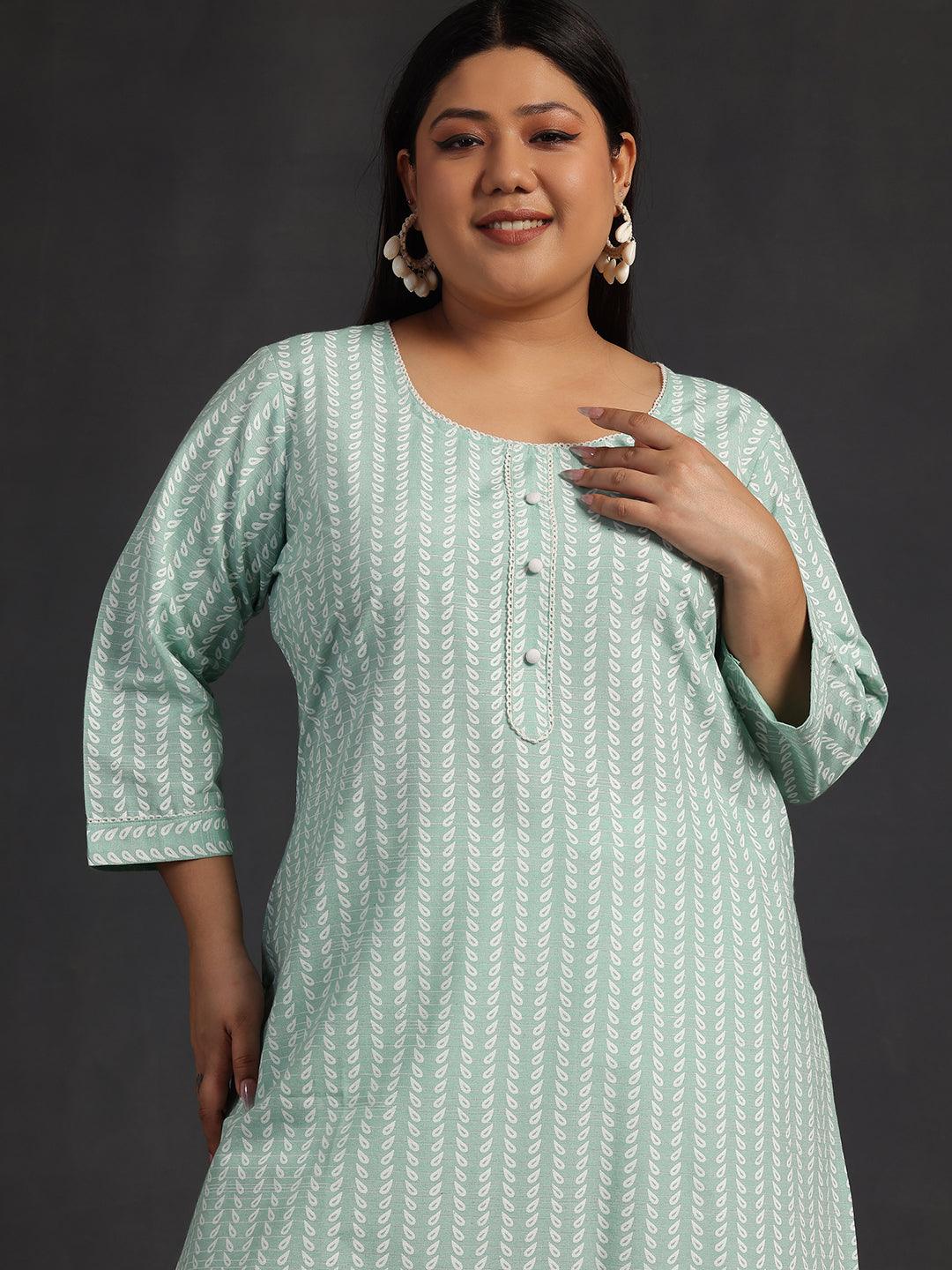 Plus Size Green Printed Cotton Straight Kurta - Libas