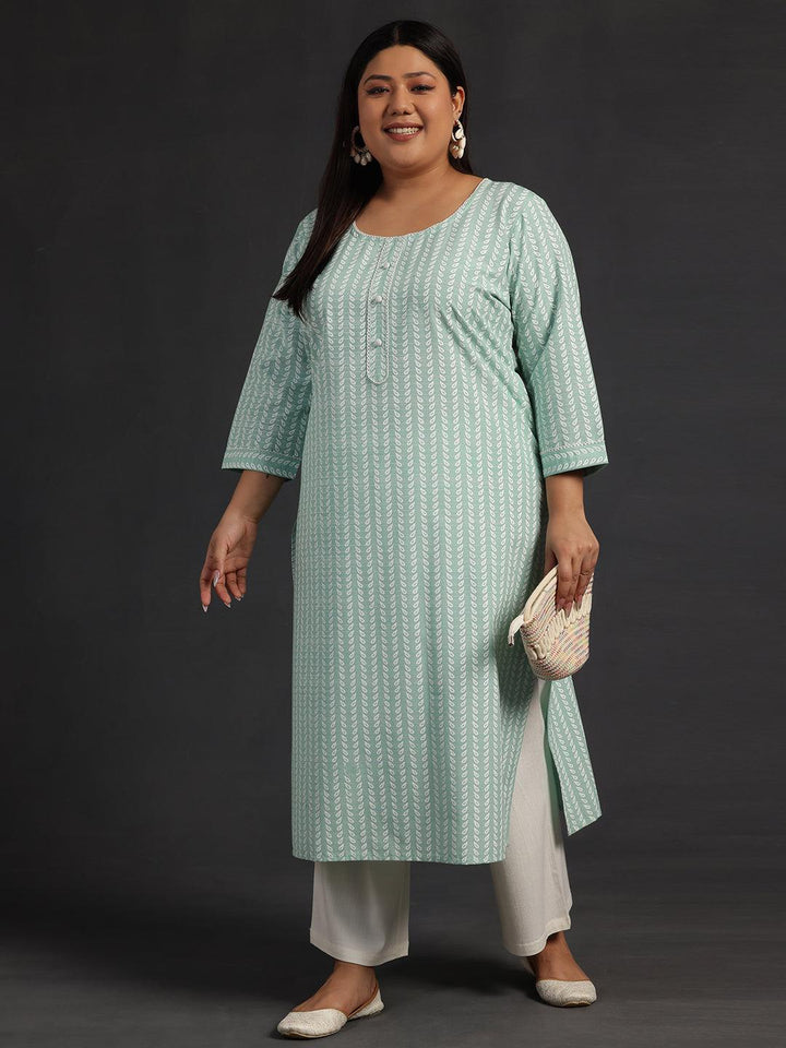 Plus Size Green Printed Cotton Straight Kurta - Libas