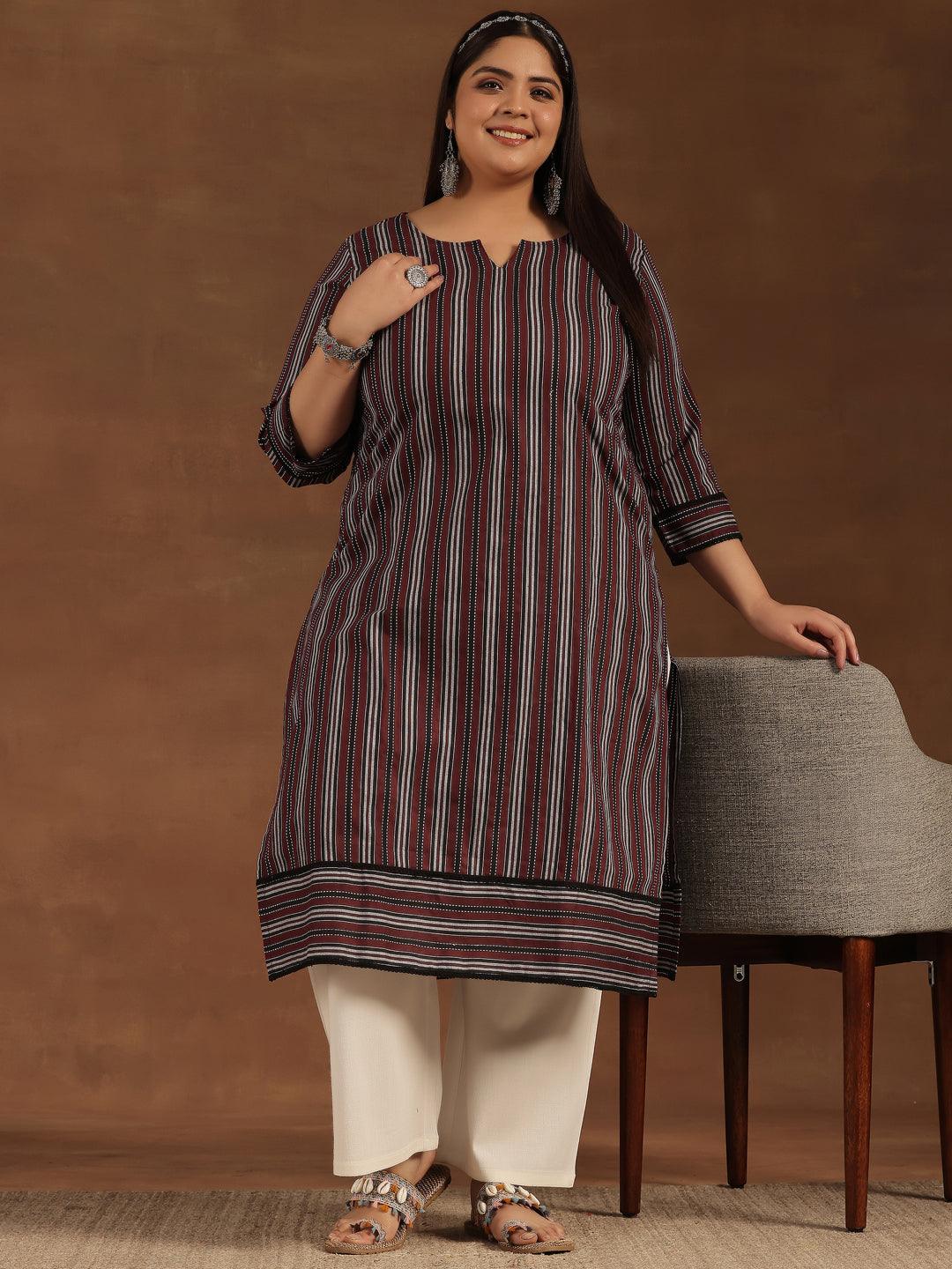 Plus Size Maroon Printed Cotton Straight Kurta - Libas