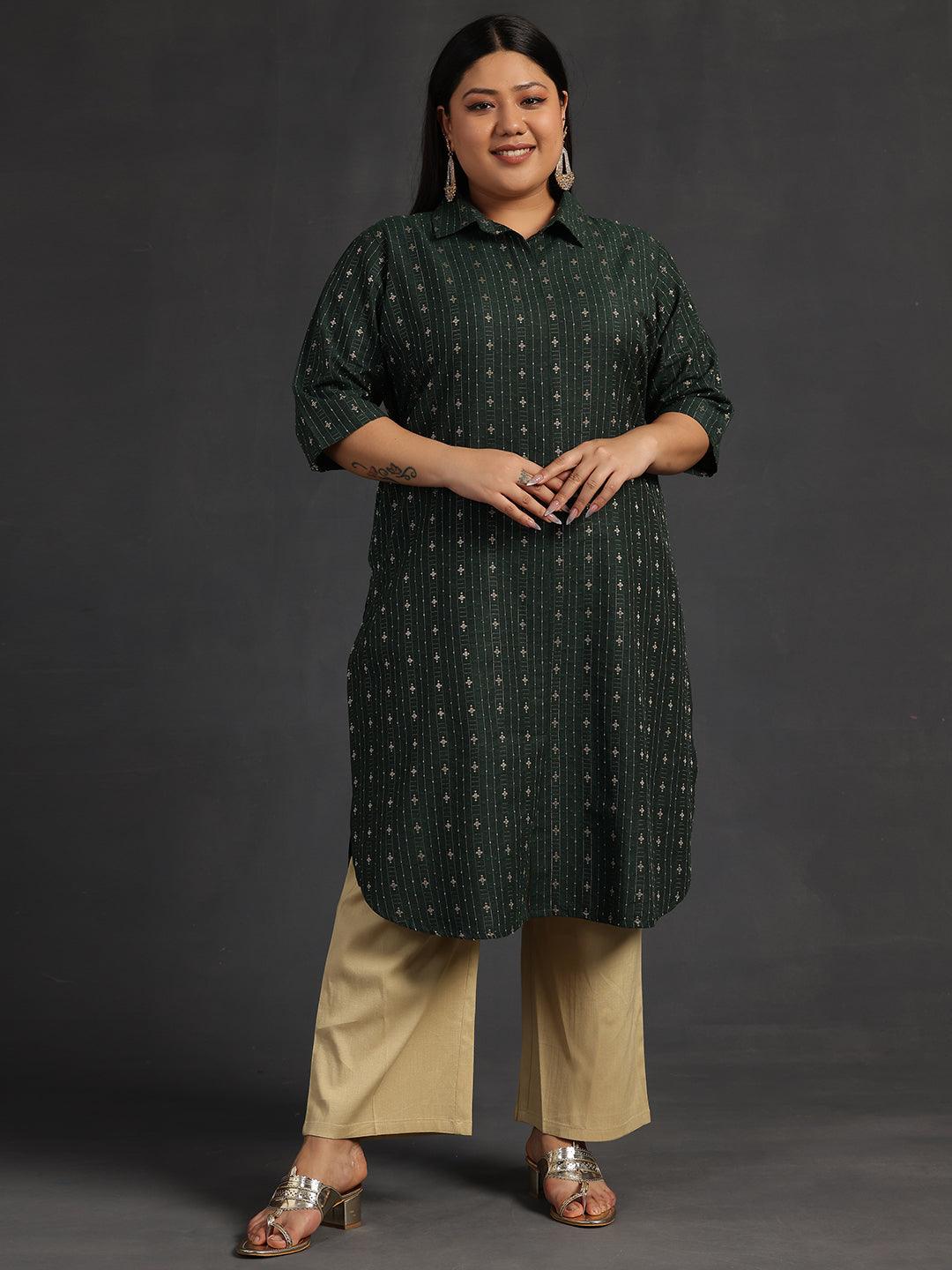 Plus Size Green Woven Design Cotton Straight Kurta - Libas