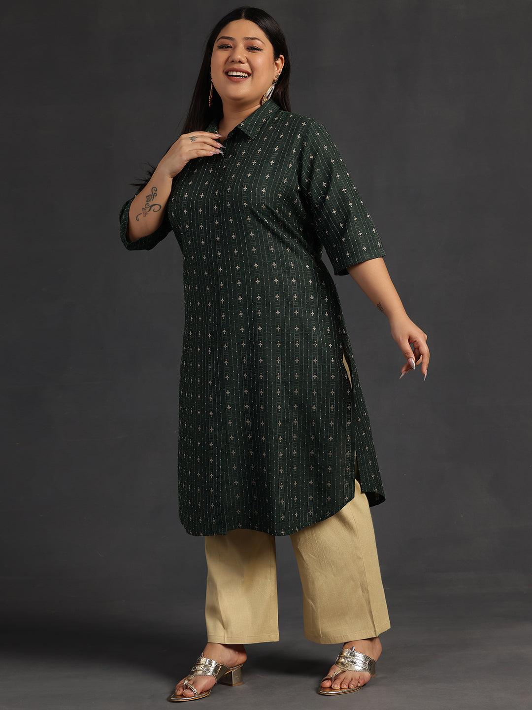 Plus Size Green Woven Design Cotton Straight Kurta - Libas