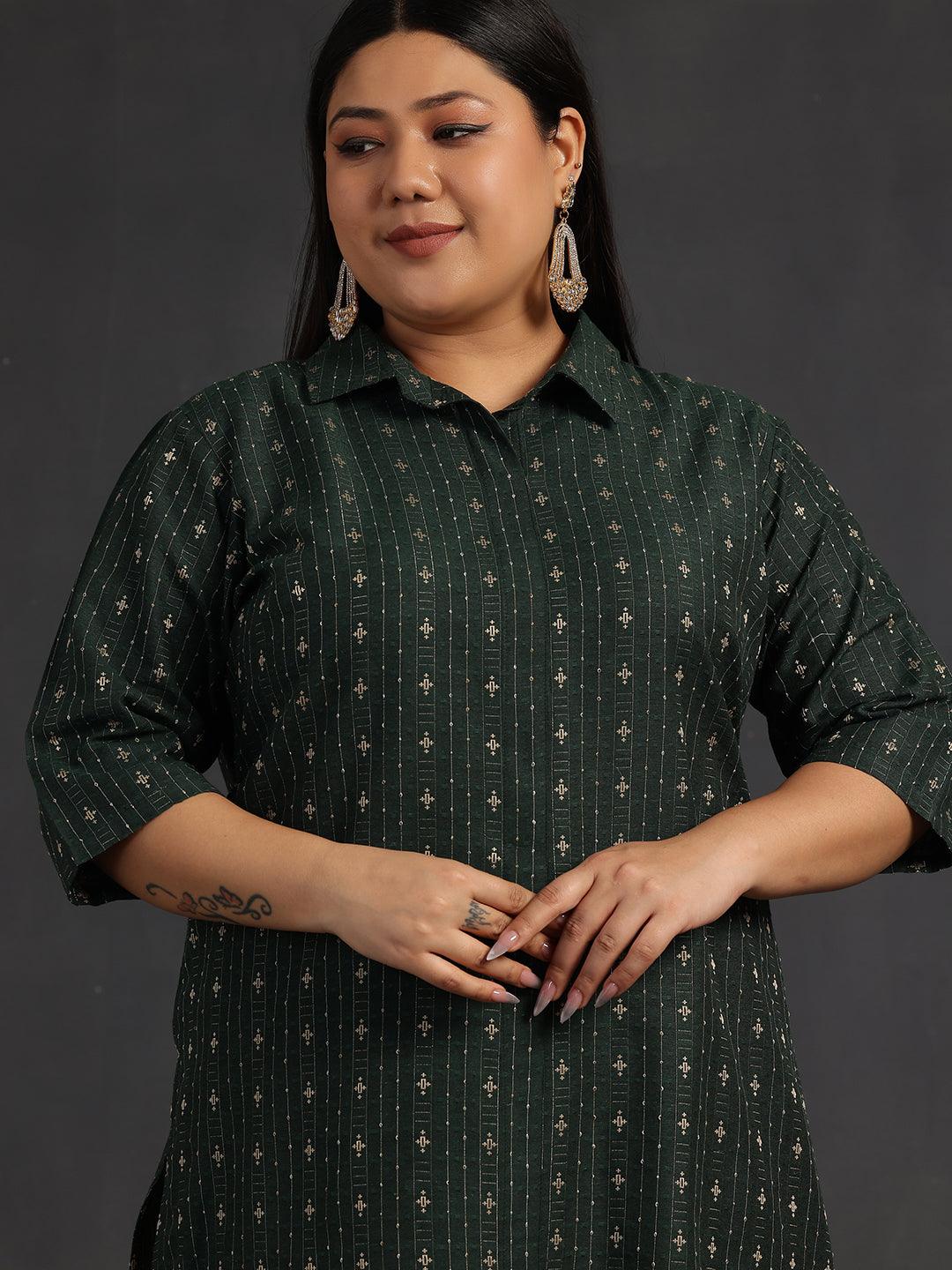 Plus Size Green Woven Design Cotton Straight Kurta - Libas